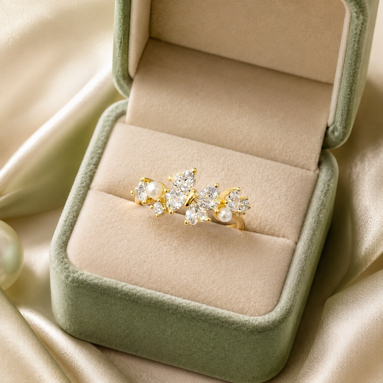 A graceful dance of crystal wings and luminous pearls, this ring captures the beauty of a butterfly in mid-flight. Adorned with sparkling marquise-cut stones and delicate pearl accents, it creates a radiant statement that feels dreamy, feminine, and effortlessly elegant.