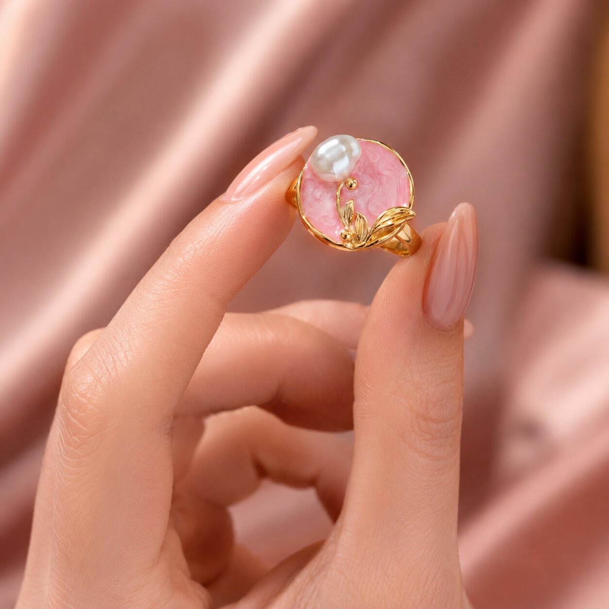 Like a delicate pearl resting within a blooming garden, this elegant ring captures a graceful blend of softness, nature, and feminine charm. Featuring a luminous pearl accent over a blush pink centerpiece with sculpted golden leaves, it creates a refined statement that feels romantic, artistic, and effortlessly luxurious.