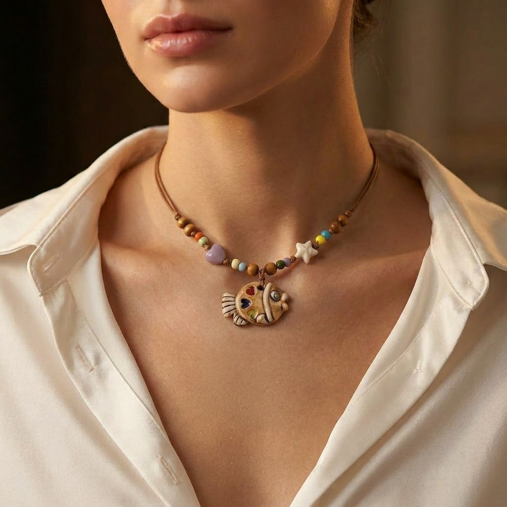 A playful blend of color and craftsmanship, this handmade fish pendant carries tiny heart details that feel full of warmth and personality. With its artistic ceramic finish and soft earthy tones, it brings a whimsical, story-like charm to your everyday look.