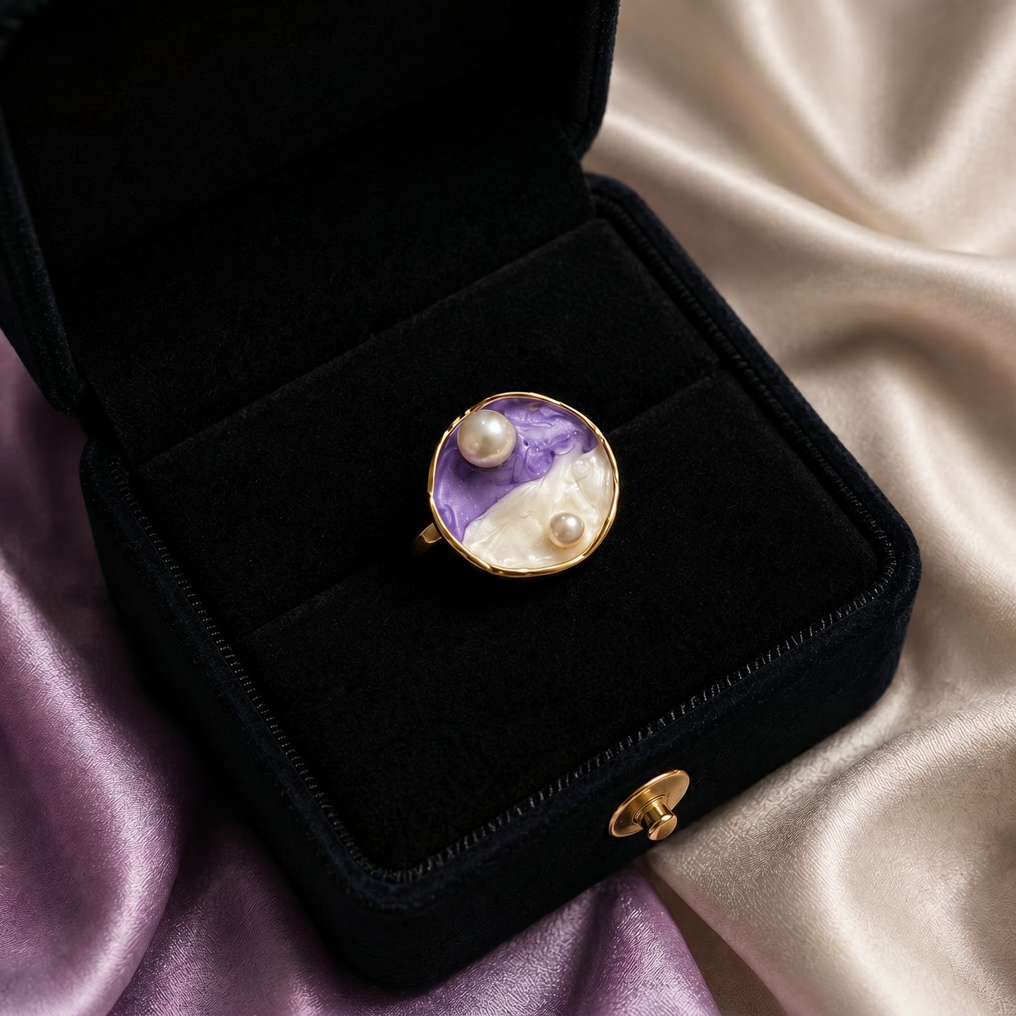 A collection of miniature artworks wrapped into wearable elegance, these rings blend flowing enamel textures, soft pastel tones, pearls, and shell-inspired details into a dreamy statement design. Each variant carries its own oceanic and artistic charm while staying beautifully cohesive as one collection.