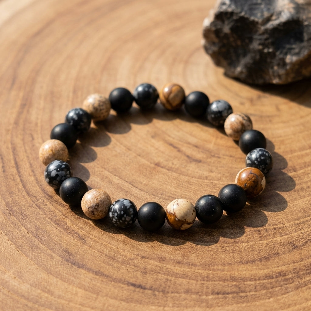 A grounded blend of strength and style, this bracelet brings together earthy tones and bold contrast in a clean, modern form. With its natural stone textures and matte black beads, it reflects a calm confidence that feels both timeless and effortlessly masculine.