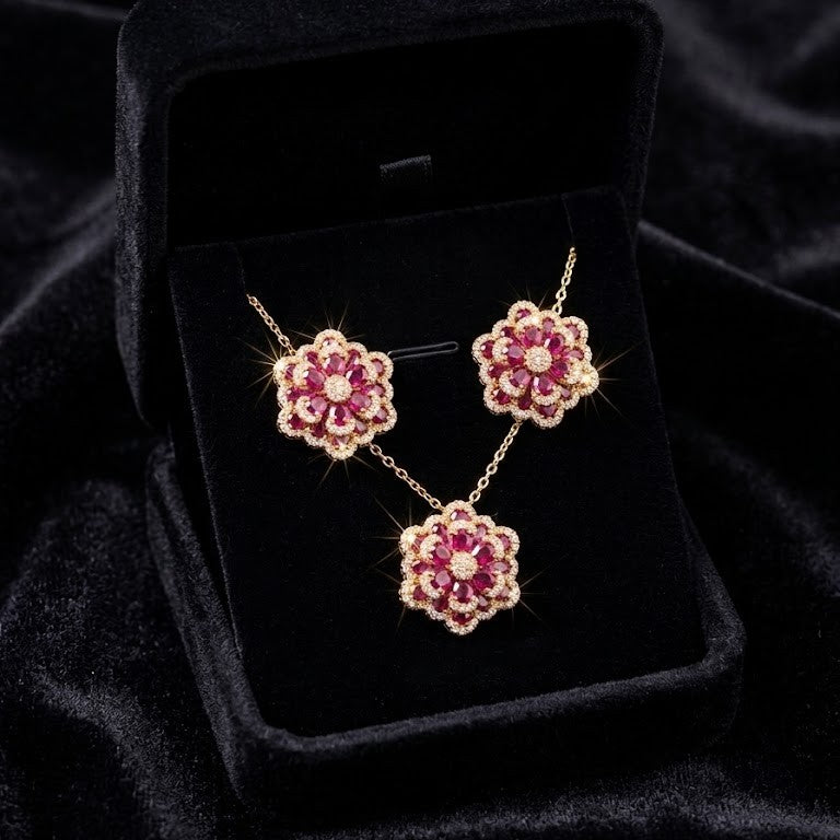 A delicate bloom captured in sparkle, the Blossom Radiance Set brings together floral elegance and luminous charm in a design that feels both graceful and radiant. Each shimmering petal reflects light beautifully, creating a soft glow that enhances your look with effortless femininity. Whether worn for a celebration or as a daily touch of elegance, this floral set adds a graceful sparkle to every moment.