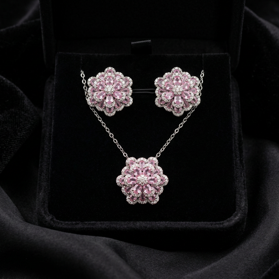 A delicate bloom captured in sparkle, the Blossom Radiance Set brings together floral elegance and luminous charm in a design that feels both graceful and radiant. Each shimmering petal reflects light beautifully, creating a soft glow that enhances your look with effortless femininity. Whether worn for a celebration or as a daily touch of elegance, this floral set adds a graceful sparkle to every moment.