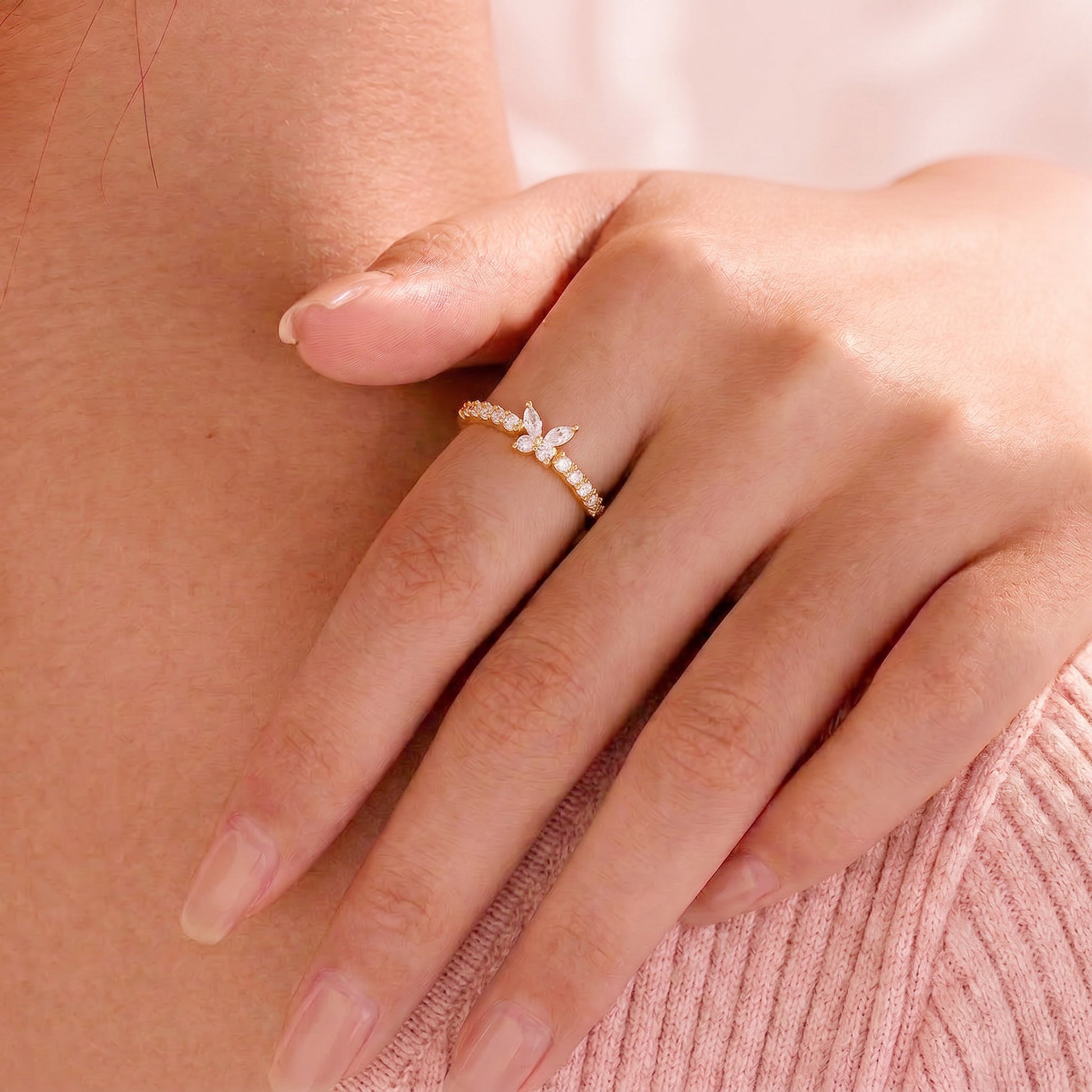 Like a radiant butterfly resting beneath the morning light, this elegant ring captures a graceful blend of freedom, sparkle, and feminine beauty. Featuring a delicate crystal butterfly rising above a shimmering stone-lined band, it creates a refined statement that feels enchanting, graceful, and effortlessly luxurious