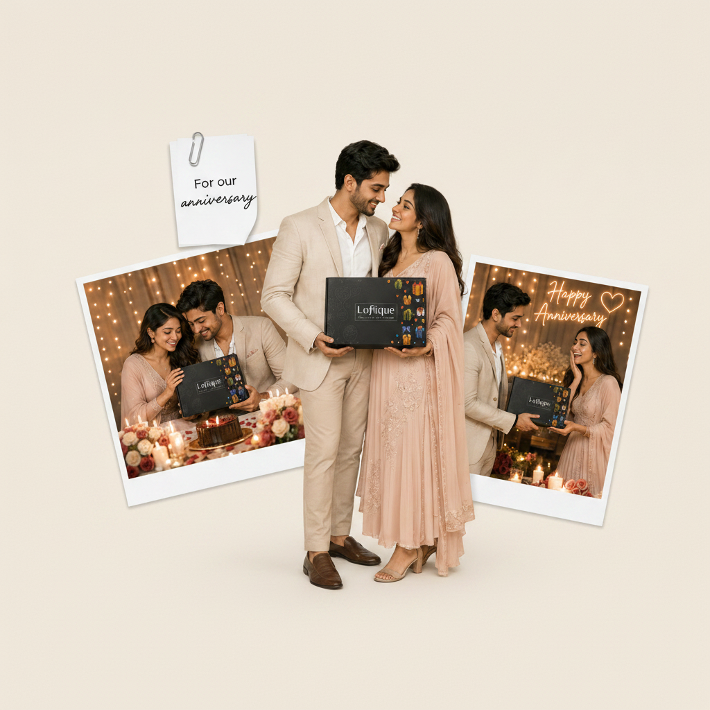 Couple holding a chocolate box with 'Happy Anniversary' cards in the background