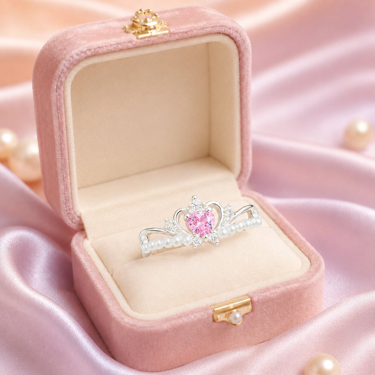 A graceful blend of princess charm and timeless elegance, this ring features a sparkling pink heart centerpiece crowned with delicate crystal detailing and lined with luminous pearl accents. Its tiara-inspired silhouette creates a dreamy romantic look that feels regal, feminine, and effortlessly enchanting