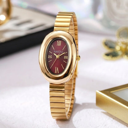 A refined oval dial wrapped in a smooth golden frame, designed to move effortlessly with your everyday moments. Minimal yet expressive, this watch brings quiet luxury to every wrist, perfect for daily wear or thoughtful gifting.