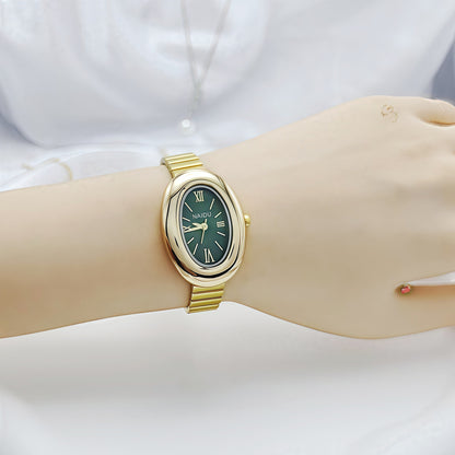 A refined oval dial wrapped in a smooth golden frame, designed to move effortlessly with your everyday moments. Minimal yet expressive, this watch brings quiet luxury to every wrist — perfect for daily wear or thoughtful gifting.