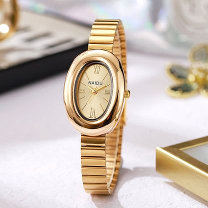 A refined oval dial wrapped in a smooth golden frame, designed to move effortlessly with your everyday moments. Minimal yet expressive, this watch brings quiet luxury to every wrist — perfect for daily wear or thoughtful gifting.