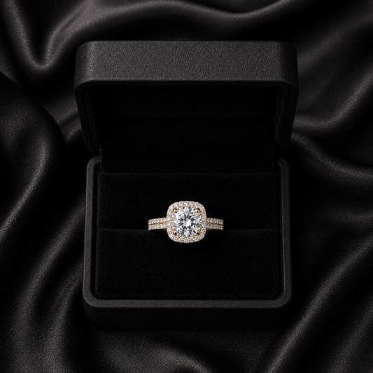 A luminous sparkle wrapped in soft elegance, this ring captures the dreamy beauty of crystals glowing through a delicate mist. Designed with a radiant clustered centerpiece and shimmering pavé details, it brings a graceful brilliance that feels timeless, refined, and effortlessly feminine.
