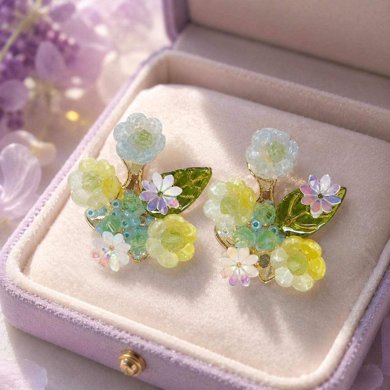 A miniature bouquet captured in crystal and color, the Dewpetal Bouquet Earrings bloom with delicate pastel flowers, shimmering beads, and glossy leaf accents. Inspired by a spring garden kissed by morning dew, this whimsical design brings a fresh, joyful charm to every outfit.