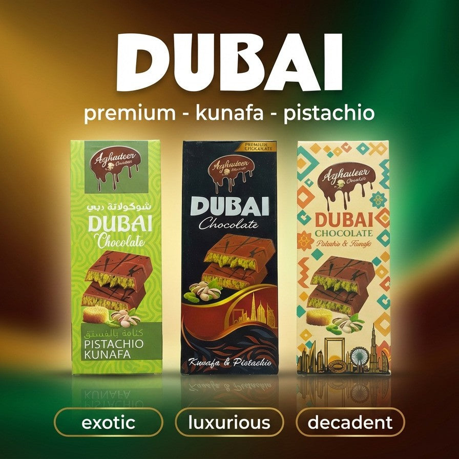 A taste of indulgence inspired by Middle Eastern luxury, this Dubai-style chocolate bar blends rich cocoa with the irresistible crunch of kunafa and the nutty sweetness of pistachio. Each bite delivers layers of creamy chocolate, golden pastry texture, and aromatic pistachio notes, creating a dessert experience that feels both exotic and comforting.