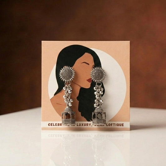 A statement of refined elegance with a hint of royal charm, this piece captures the beauty of intricate detailing and cascading movement in a truly graceful form. The ornate stud flows into delicate layered drops, creating a silhouette that feels both regal and mesmerizing with every motion.