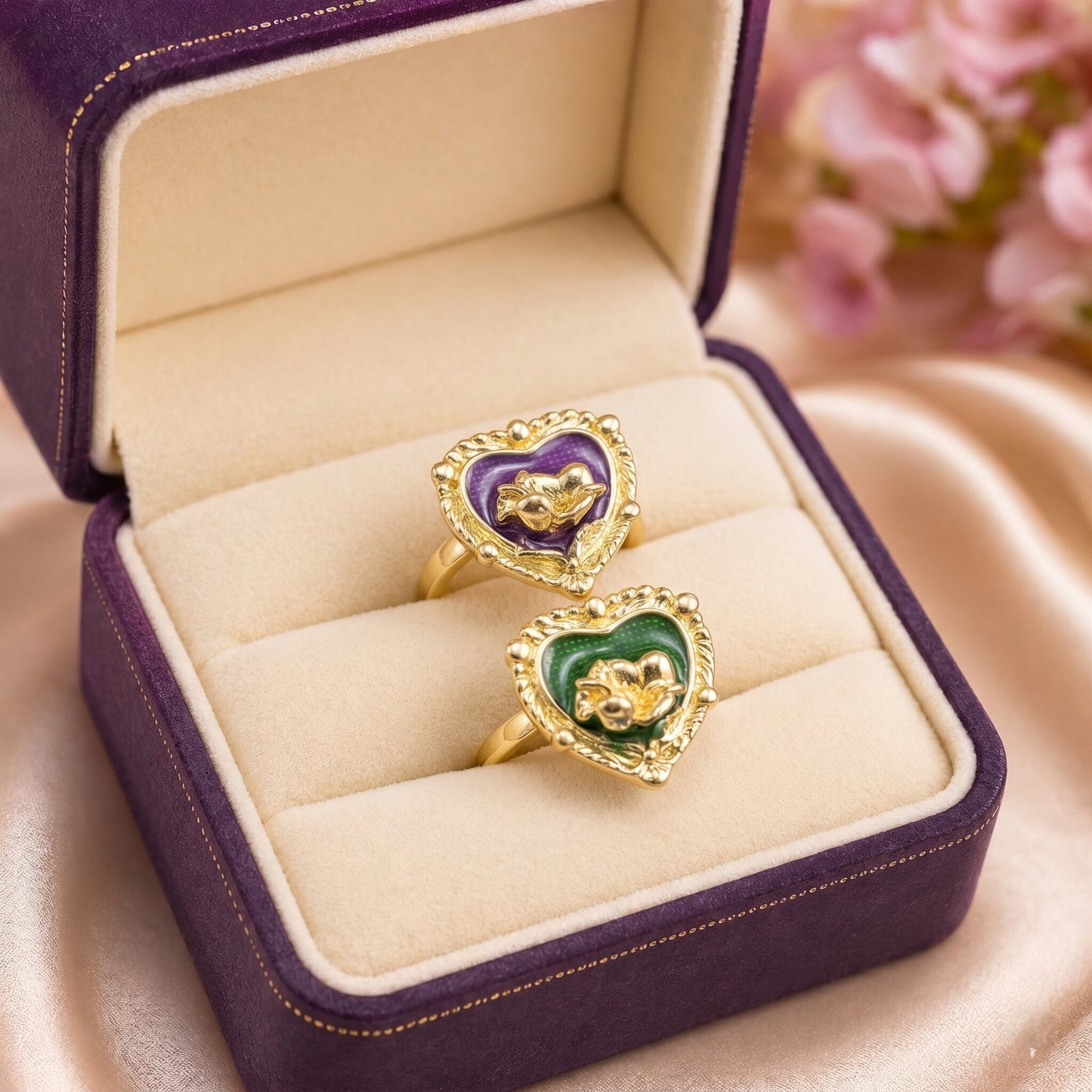 Like a secret flower blooming inside an enchanted heart, this elegant ring captures a magical blend of romance, nature, and vintage-inspired charm. Featuring a rich enamel heart centerpiece with a sculpted golden floral motif, it creates a distinctive statement that feels artistic, feminine, and effortlessly luxurious.