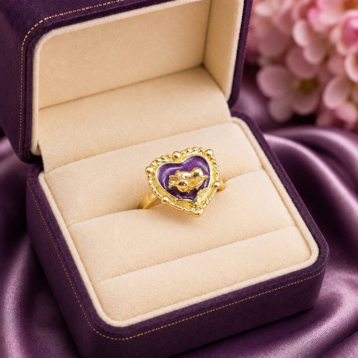 Like a secret flower blooming inside an enchanted heart, this elegant ring captures a magical blend of romance, nature, and vintage-inspired charm. Featuring a rich enamel heart centerpiece with a sculpted golden floral motif, it creates a distinctive statement that feels artistic, feminine, and effortlessly luxurious.