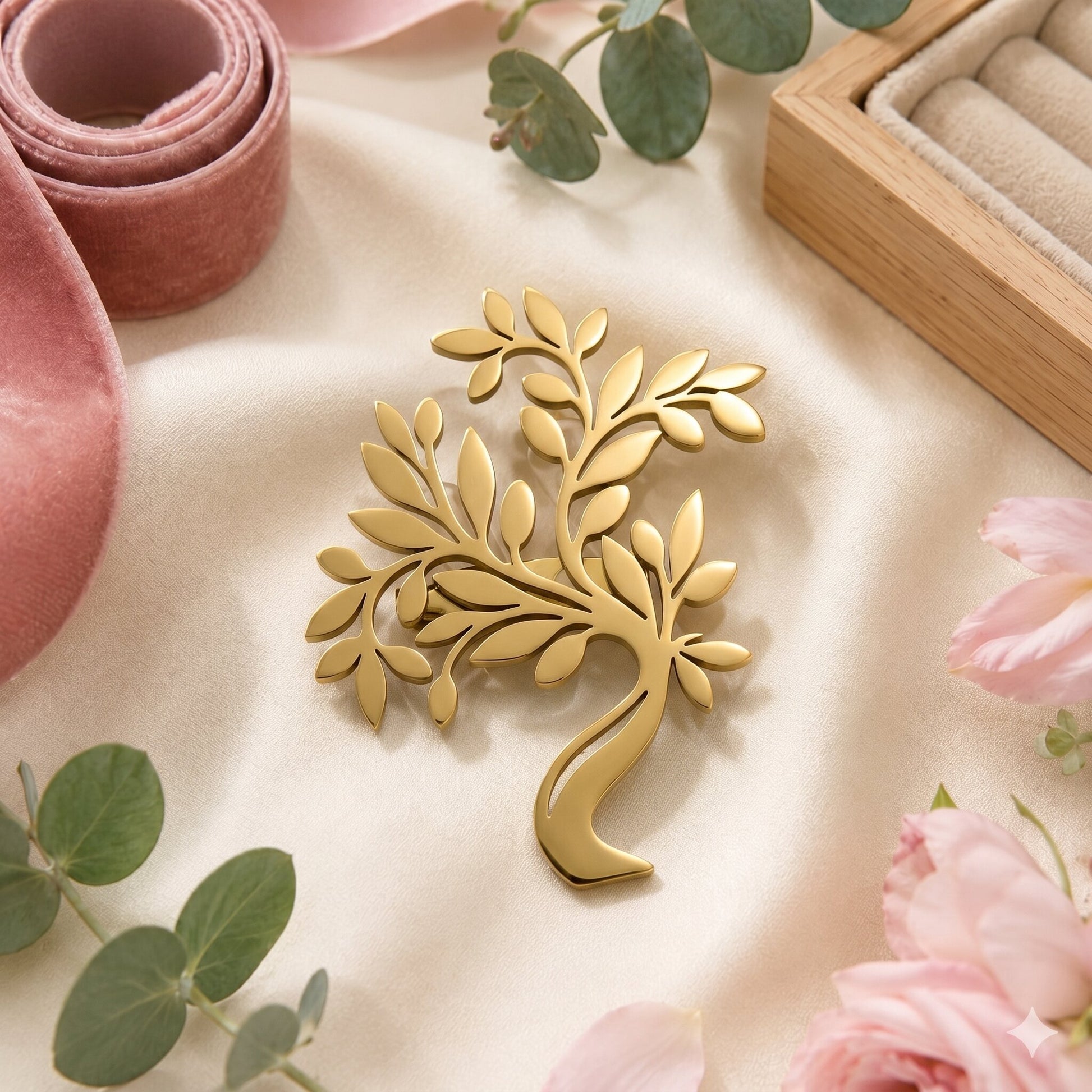 Like a golden branch flourishing in a timeless garden, this elegant brooch captures a beautiful sense of growth, grace, and natural harmony. Featuring delicately sculpted leaves arranged along flowing branches, it creates a refined statement that feels graceful, meaningful, and effortlessly luxurious.