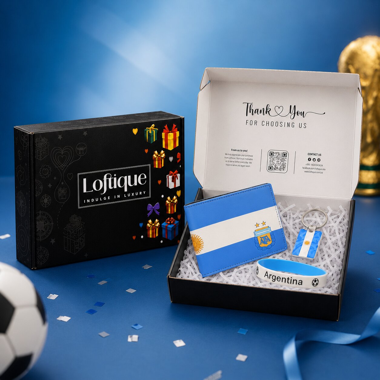 Celebrate the passion, pride, and unforgettable spirit of Argentine football with the Argentina Victory Gift Box. Beautifully arranged inside Loftique’s premium ready-to-gift box, this special collection brings together an Argentina-themed wallet, matching silicone wristband, and flag-inspired keychain in one complete surprise.