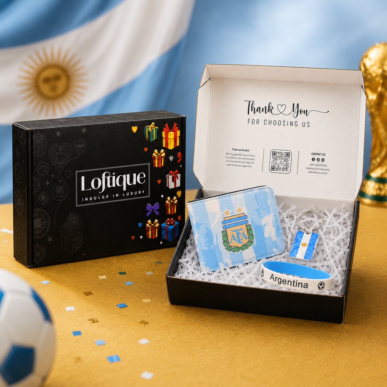Celebrate Argentina’s legendary football heritage with the Argentina Legacy Gift Box, a thoughtfully arranged surprise created for every passionate La Albiceleste supporter. Presented inside Loftique’s premium ready-to-gift box, this coordinated collection includes an Argentina-inspired wallet, matching silicone wristband, and flag-themed keychain.