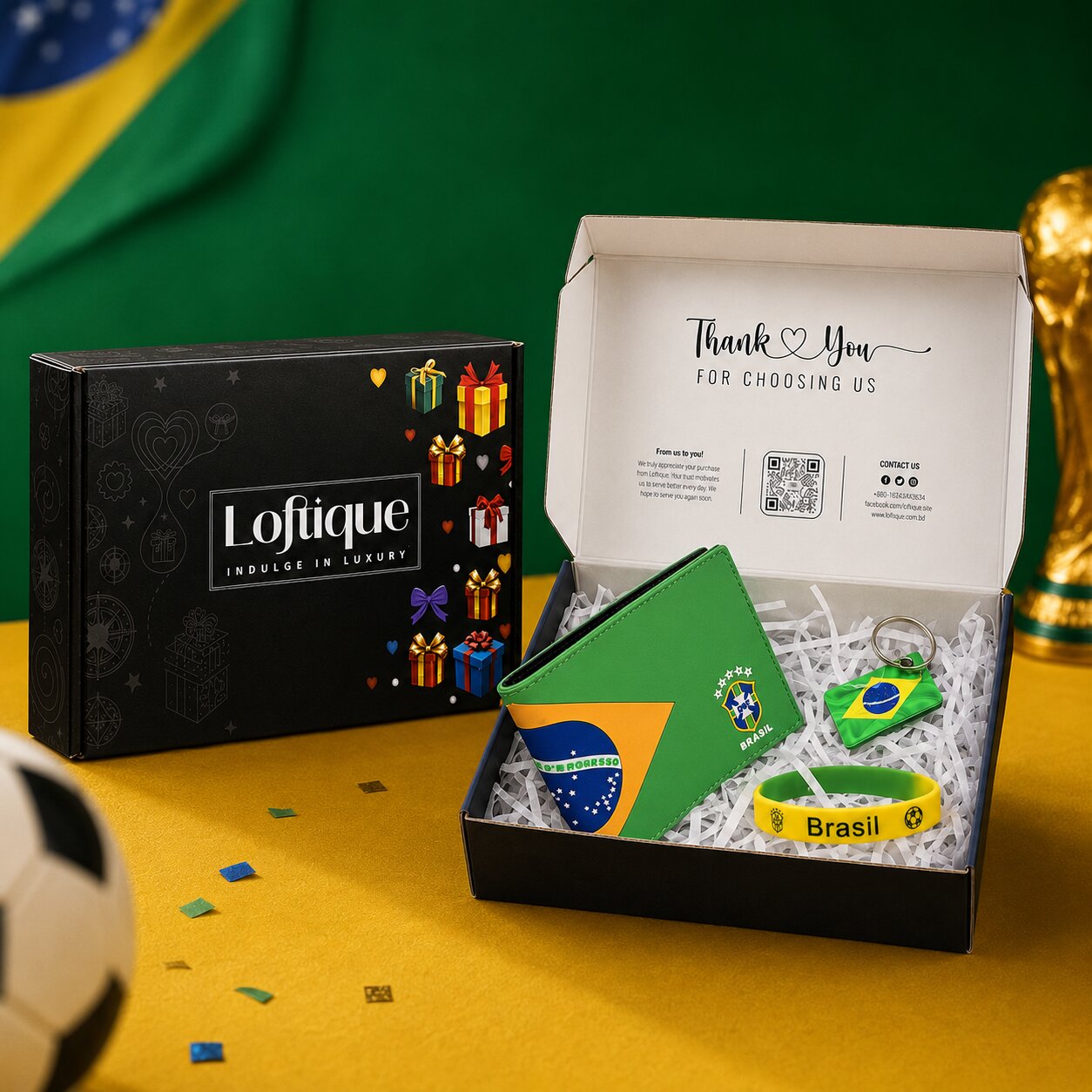 Celebrate the passion, colour, and unforgettable spirit of Brazilian football with the Brazil Glory Gift Box. Beautifully arranged inside Loftique’s premium ready-to-gift box, this exciting collection brings together a Brazil-themed wallet, matching silicone wristband, and flag-inspired keychain in one complete surprise.