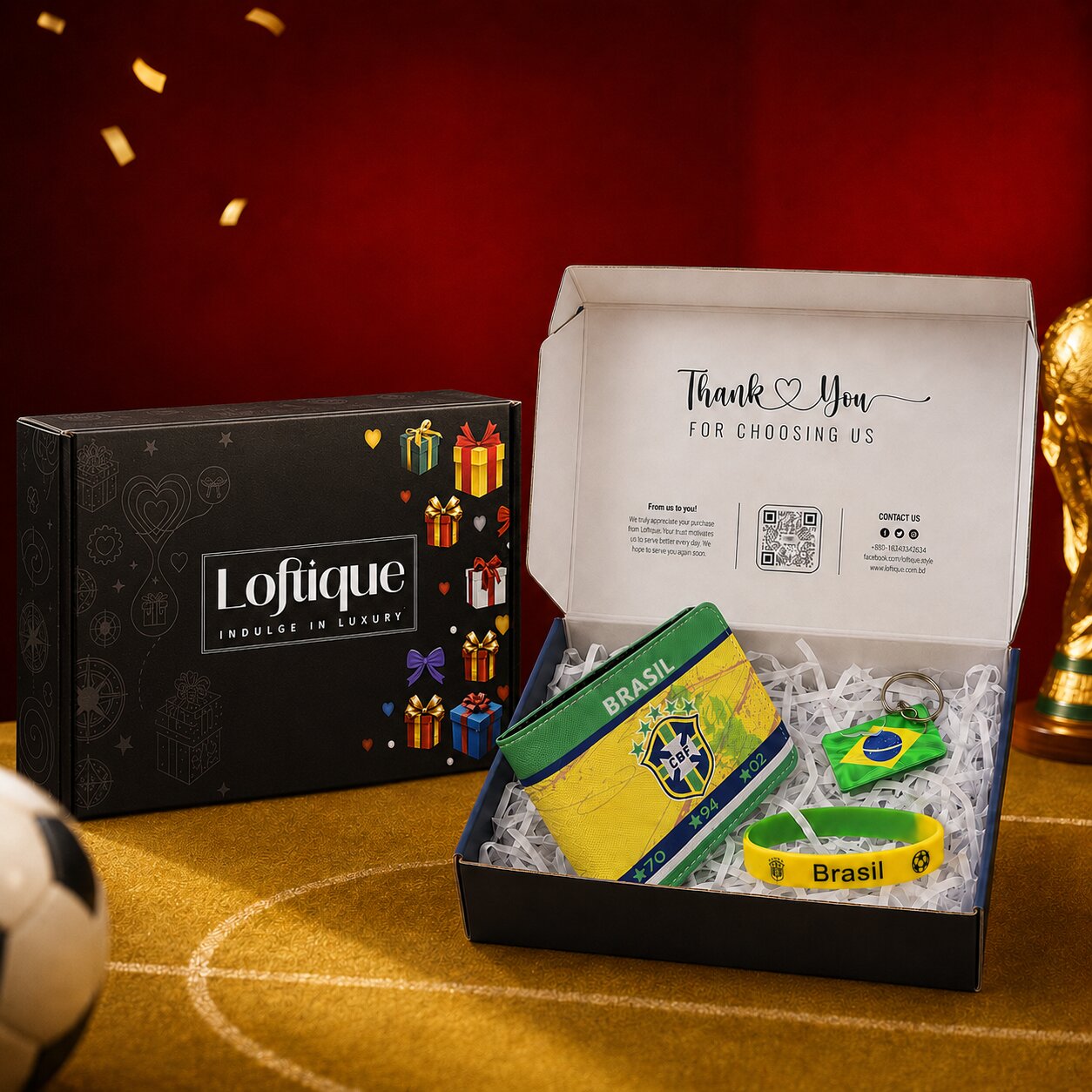 Here’s the all-in-one gift box description:

Brazil Glory Gift Box ✨

Bring the excitement of football and the vibrant spirit of Brazil into one unforgettable surprise with the Brazil Glory Gift Box. Thoughtfully arranged inside Loftique’s premium ready-to-gift box, this special collection includes a Brazil-themed wallet, matching wristband, and flag-inspired keychain, creating the perfect combination for a passionate Seleção supporter.