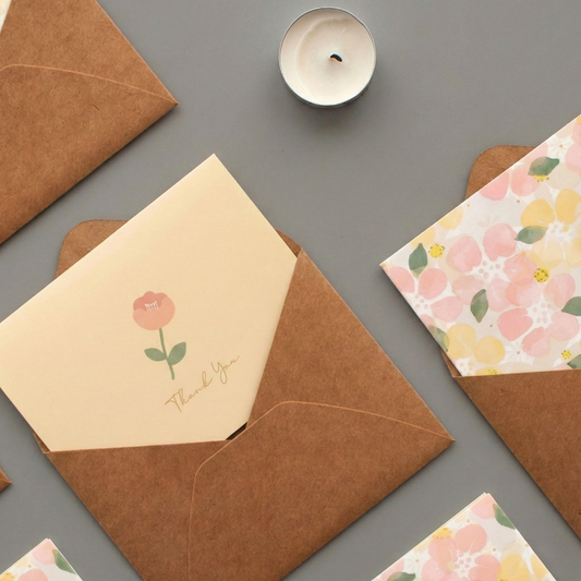 A sweet, floral-themed greeting card paired with a natural kraft envelope, designed for heartfelt messages and thoughtful gifting. The soft pastel flower print adds a warm, romantic charm, while the compact size makes it perfect for gift boxes or bouquets. Comes with a matching envelope and seal for a neat, ready-to-gift look. Ideal for birthdays, thank-you notes, or simple love wishes.