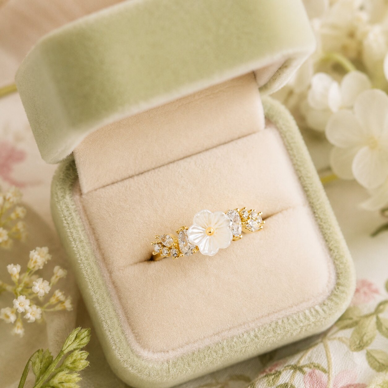 A soft bloom of pearl and crystal elegance, this ring features a delicate floral centerpiece framed with marquise-cut stones and shimmering accents. Its graceful garden-inspired silhouette creates a fresh, feminine charm that feels elegant, dreamy, and timeless.