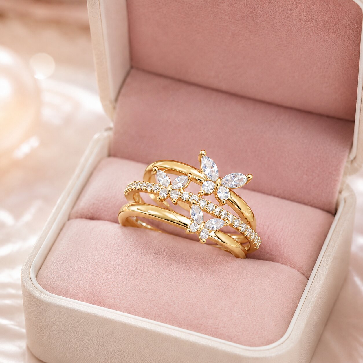 Like butterflies dancing through a sparkling cascade, this elegant ring captures a beautiful sense of freedom, movement, and delicate femininity. Featuring graceful butterfly motifs arranged across flowing crystal-studded bands, it creates a radiant statement that feels enchanting, refined, and effortlessly luxurious