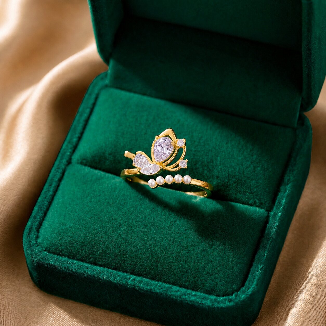 A delicate butterfly kissed with pearl elegance, this ring features a graceful wing-inspired centerpiece floating above a soft row of luminous pearls. Its dreamy crystal details and airy silhouette create a charming look that feels feminine, elegant, and beautifully whimsical.