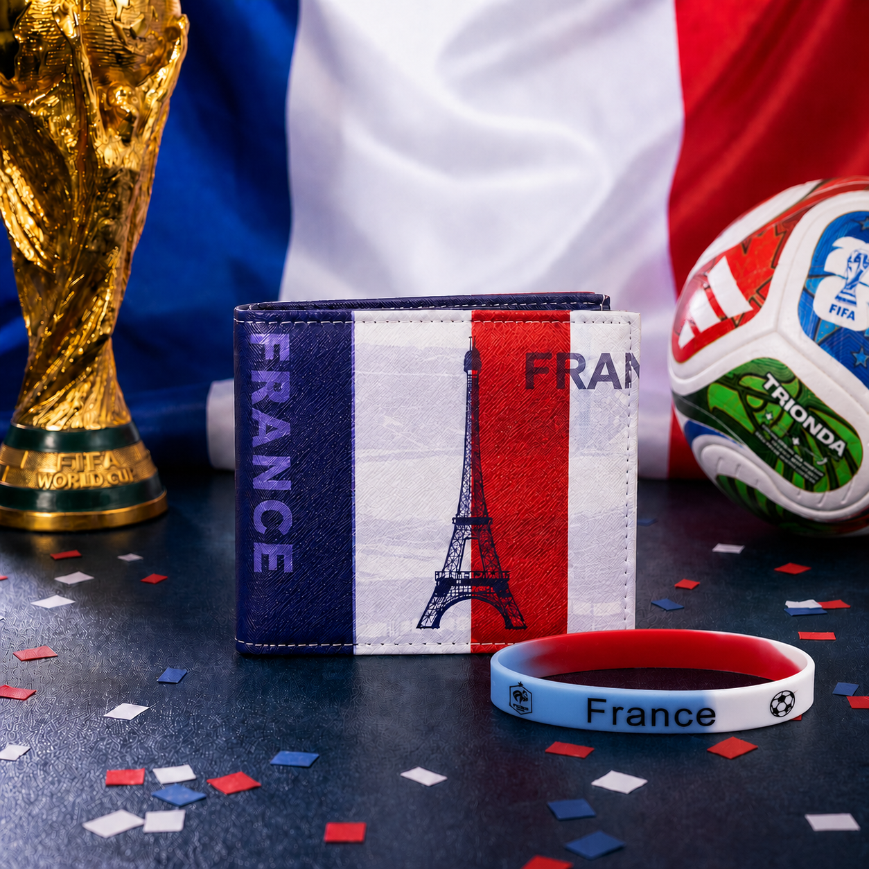 Like the spirit of France brought to life through football, this stylish wallet captures a bold blend of national pride, sporting passion, and modern everyday fashion. Featuring the iconic French tricolour with an Eiffel Tower illustration and football-inspired details, it creates a confident statement that feels energetic, distinctive, and effortlessly stylish.