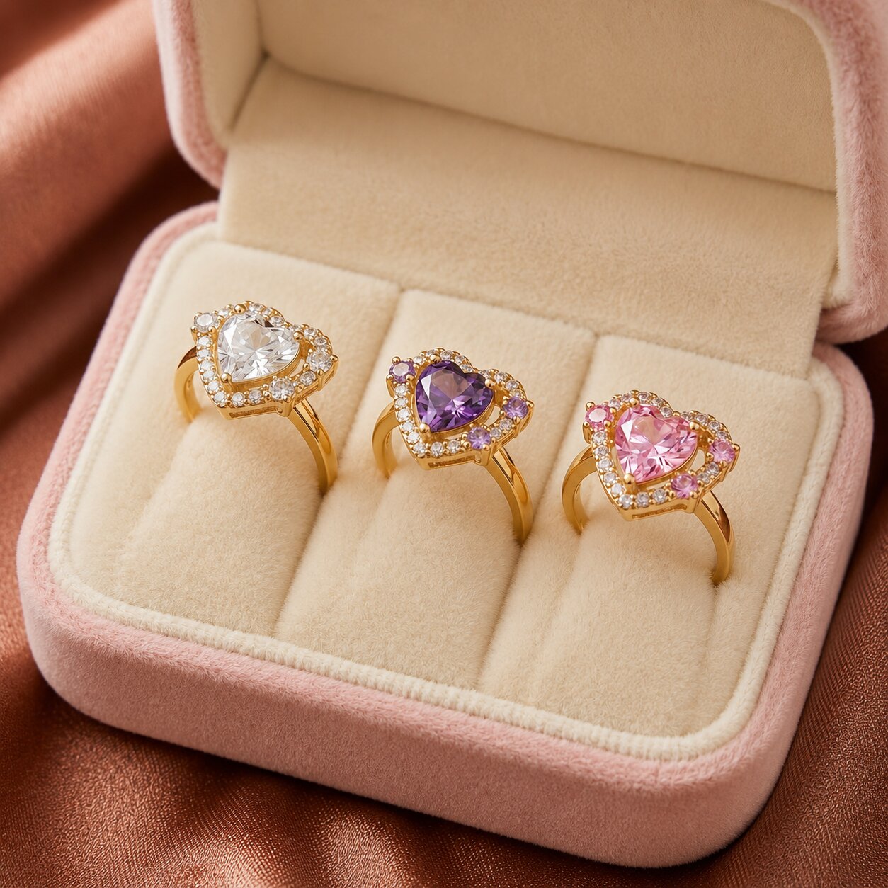 A radiant symbol of love wrapped in brilliance, this ring features a heart-cut centerpiece embraced by a sparkling halo of crystal accents. Available in Crystal White, Royal Violet, and Blush Pink variants, its romantic silhouette creates a timeless charm that feels elegant, feminine, and full of sparkle.