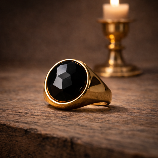 A commanding signet ring defined by a deep black onyx center and a bold gold-plated frame. Designed for men who value quiet authority, this piece balances classic heritage with modern confidence, effortless, strong, and unmistakably refined.