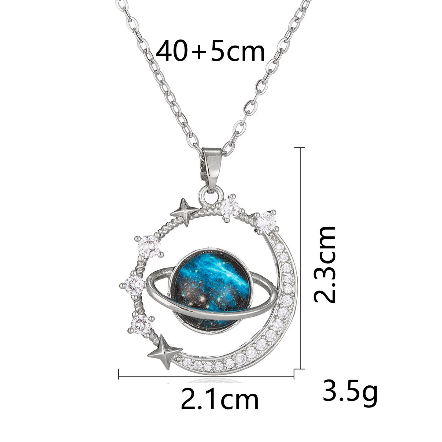 The Infinity Galaxy Necklace, a celestial masterpiece designed to capture the magic of the cosmos. Featuring a luminous deep blue planet orbited by shimmering cubic zirconia stars, this pendant is beautifully framed in a radiant gold-tone setting, perfect for dreamers, stargazers, and lovers of unique jewelry.