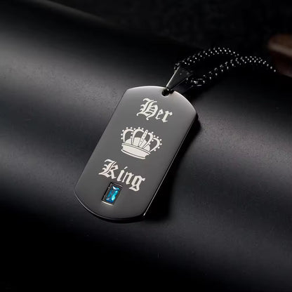 A bold symbol of confidence and connection, this necklace brings a strong, masculine edge with a meaningful touch. With its sleek tag design and engraved crown detail, it represents loyalty, love, and the quiet power of being someone’s king.