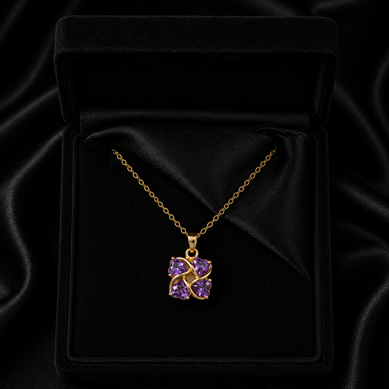A delicate clover-inspired pendant adorned with soft lavender-toned crystals, this necklace carries a subtle sparkle that feels elegant, dreamy, and effortlessly charming. Its minimal silhouette and graceful shine make it a timeless everyday piece with a gentle romantic touch.