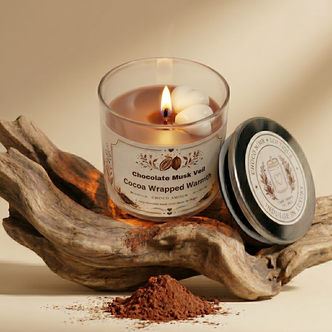 Luxury Loftique Scented Candle Choco Musk from Loftique BD: Handcrafted eco-friendly pure soy wax candle infused with premium hot cocoa musk fragrance and topped with two miniature wax hearts in a clear glass jar. The best gift for her and a perfect for gifting choice for winter comfort, birthdays, or anniversaries in Bangladesh. Shop this exclusive one-stop gifting solution at the best gift shop in BD, available only at Loftique.