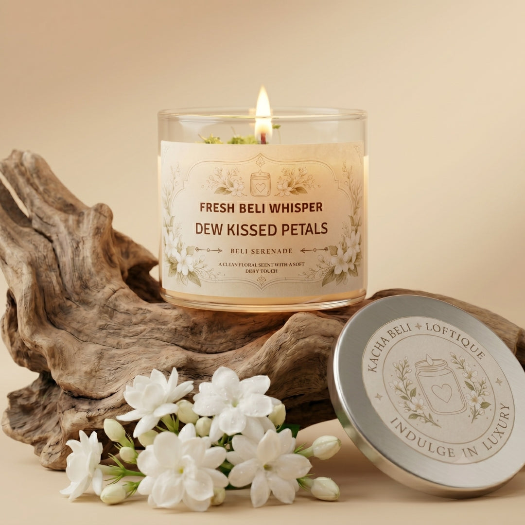 Luxury Loftique Scented Candle Kacha Beli from Loftique BD: Handcrafted eco-friendly pure soy wax candle infused with premium raw jasmine fragrance and topped with natural dried flowers in a clear glass jar with a custom engraved silver lid. The best gift for her and a perfect for gifting choice for home decor lovers, birthdays, or anniversaries in Bangladesh. Discover this exclusive one-stop gifting solution at the best gift shop in BD, available only at Loftique.
