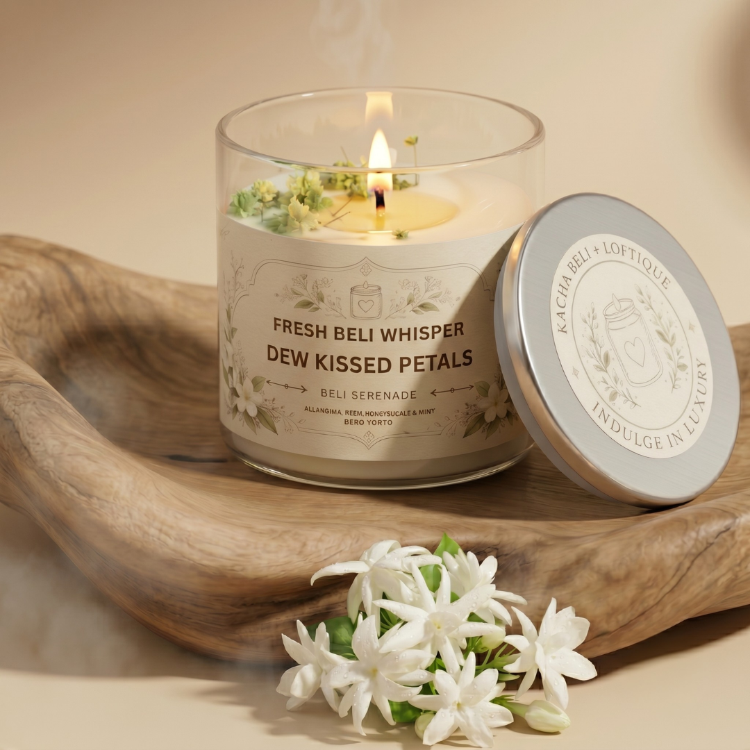 Luxury Loftique Scented Candle Kacha Beli from Loftique BD: Handcrafted eco-friendly pure soy wax candle infused with premium raw jasmine fragrance and topped with natural dried flowers in a clear glass jar with a custom engraved silver lid. The best gift for her and a perfect for gifting choice for home decor lovers, birthdays, or anniversaries in Bangladesh. Discover this exclusive one-stop gifting solution at the best gift shop in BD, available only at Loftique.