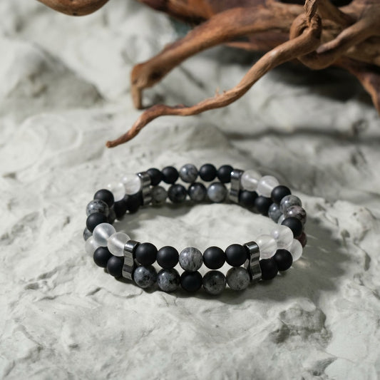 A perfect blend of contrast and balance, this bracelet brings together smooth matte beads and marble-textured stones for a look that feels both modern and grounded. Its dual-tone design adds depth and character, making it an effortless everyday essential.