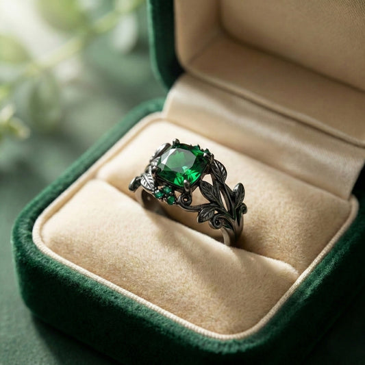 The Midnight Ivy Ring is a lush creation rooted in gothic romance and dark enchantment. A deep green crystal glows at the center, crowned by intricate vines and leaf motifs that wrap the finger like a secret from an ancient forest.