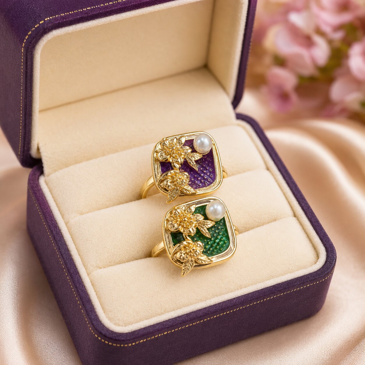 Like a hidden garden framed in gold, this elegant ring captures a graceful blend of blooming florals, luminous pearl beauty, and vintage-inspired charm. Featuring sculpted golden flowers over rich enamel detailing with a delicate pearl accent, it creates a refined statement that feels artistic, feminine, and effortlessly luxurious.