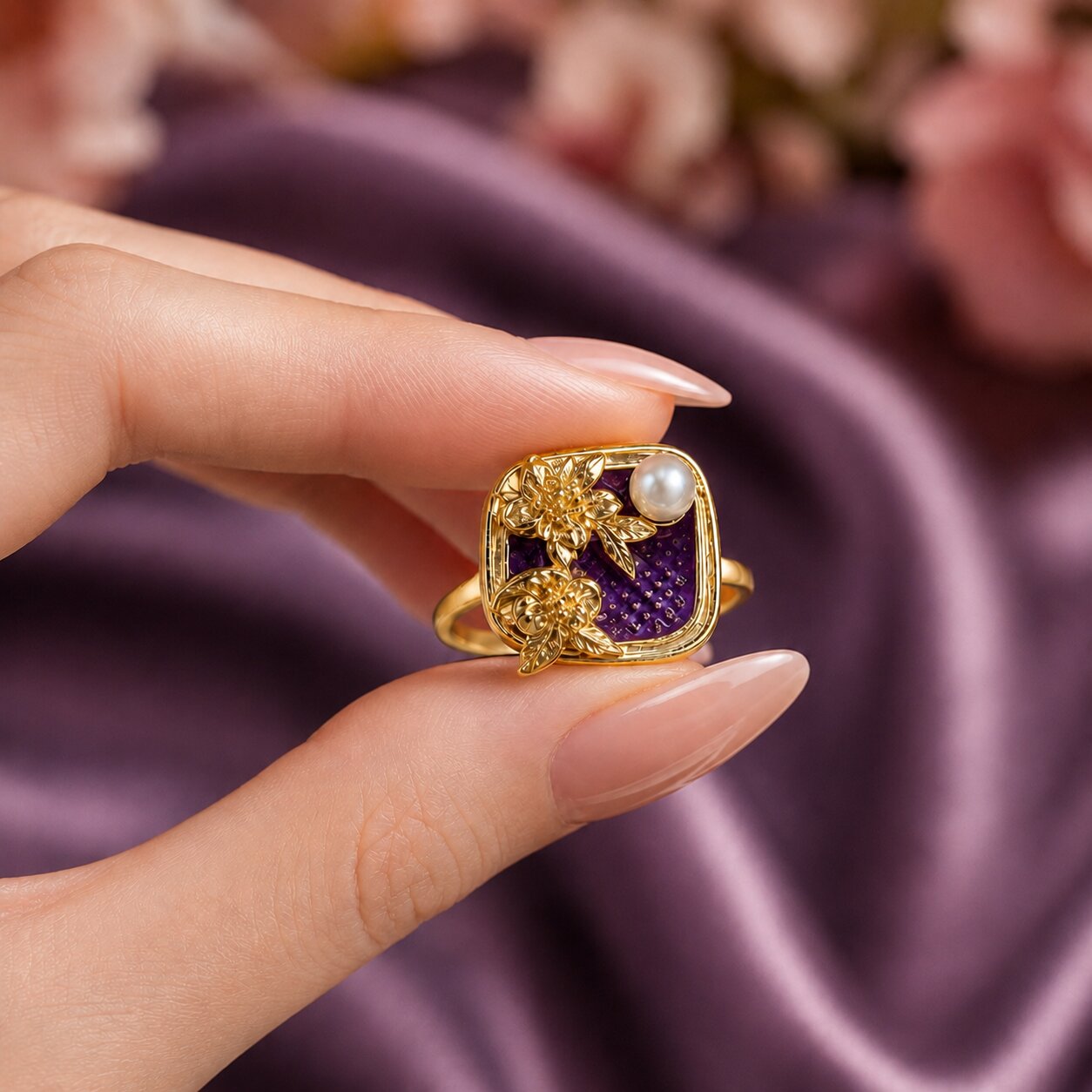 Like a hidden garden framed in gold, this elegant ring captures a graceful blend of blooming florals, luminous pearl beauty, and vintage-inspired charm. Featuring sculpted golden flowers over rich enamel detailing with a delicate pearl accent, it creates a refined statement that feels artistic, feminine, and effortlessly luxurious.