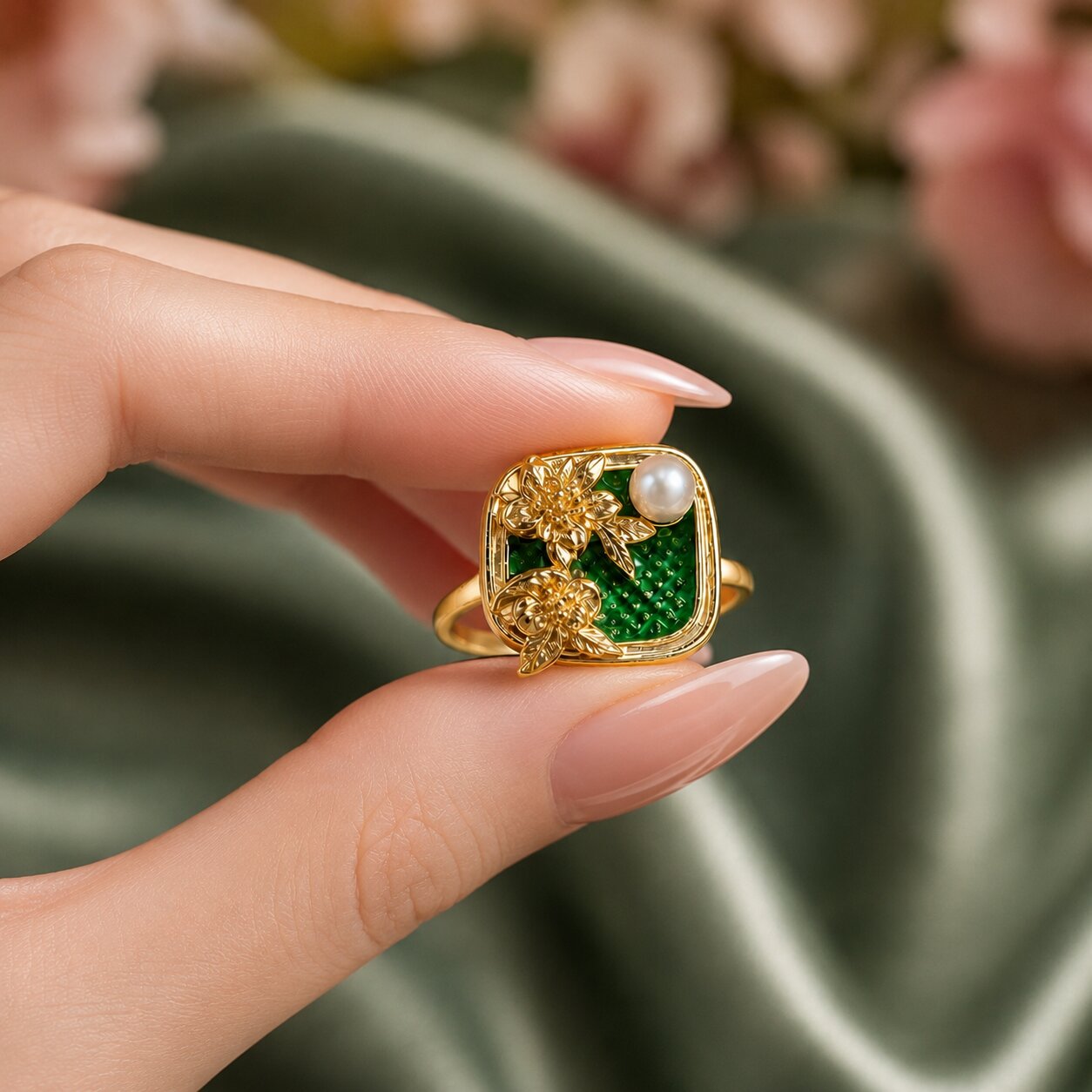 Like a hidden garden framed in gold, this elegant ring captures a graceful blend of blooming florals, luminous pearl beauty, and vintage-inspired charm. Featuring sculpted golden flowers over rich enamel detailing with a delicate pearl accent, it creates a refined statement that feels artistic, feminine, and effortlessly luxurious.