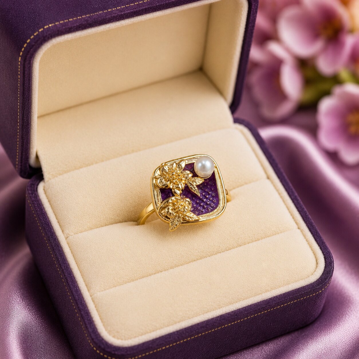 Like a hidden garden framed in gold, this elegant ring captures a graceful blend of blooming florals, luminous pearl beauty, and vintage-inspired charm. Featuring sculpted golden flowers over rich enamel detailing with a delicate pearl accent, it creates a refined statement that feels artistic, feminine, and effortlessly luxurious.