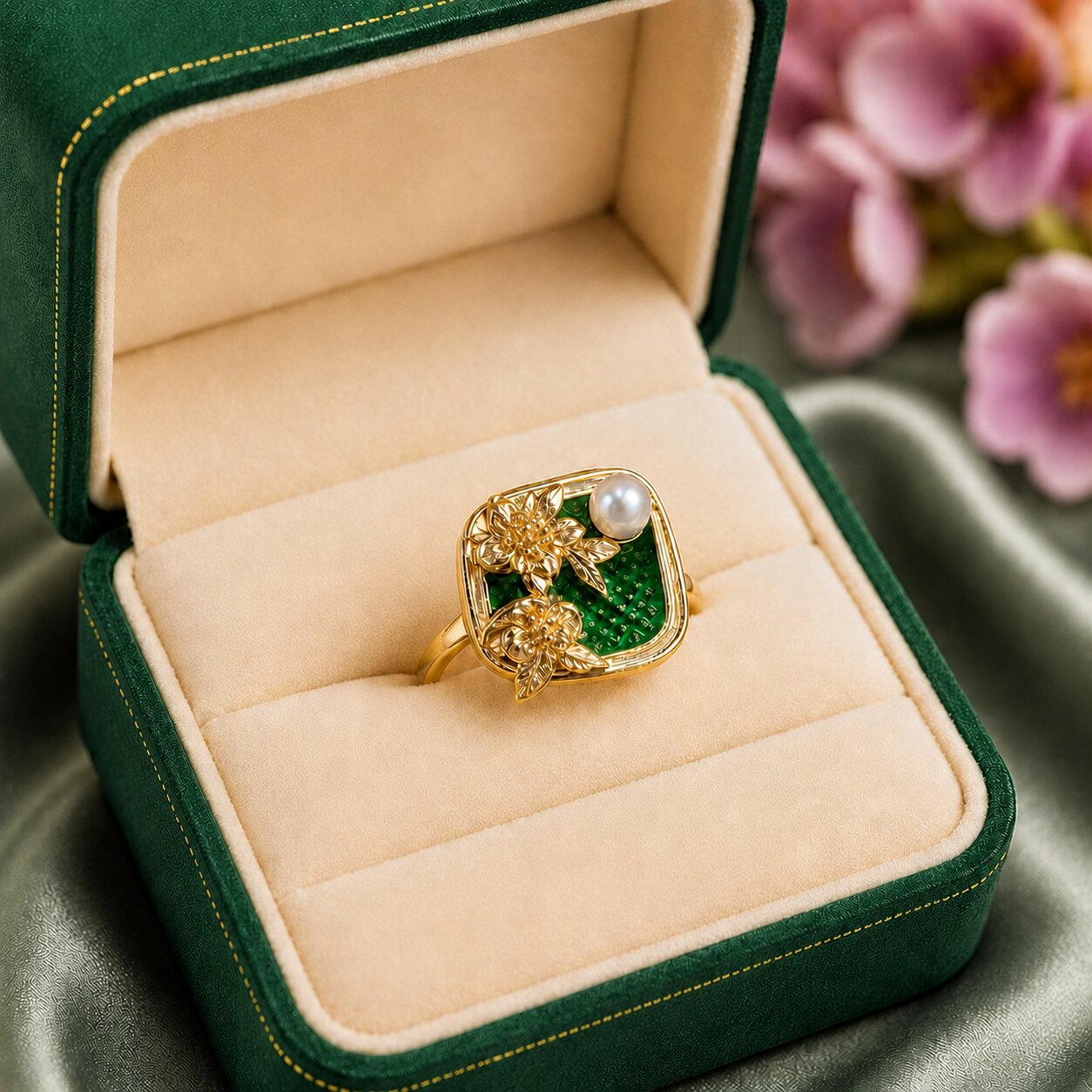 Like a hidden garden framed in gold, this elegant ring captures a graceful blend of blooming florals, luminous pearl beauty, and vintage-inspired charm. Featuring sculpted golden flowers over rich enamel detailing with a delicate pearl accent, it creates a refined statement that feels artistic, feminine, and effortlessly luxurious.