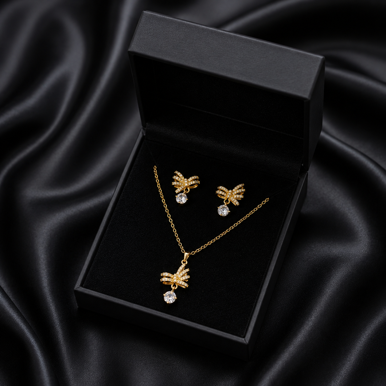 Let your style take flight with the Radiant Zephyr Set, a whimsical collection that captures the delicate beauty of a butterfly in motion. Inspired by classical bow motifs, this set blends feminine charm with a high-fashion, ethereal feeling, making it the perfect choice for those who love jewelry with a story.