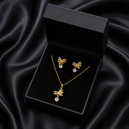 Let your style take flight with the Radiant Zephyr Set, a whimsical collection that captures the delicate beauty of a butterfly in motion. Inspired by classical bow motifs, this set blends feminine charm with a high-fashion, ethereal feeling, making it the perfect choice for those who love jewelry with a story.