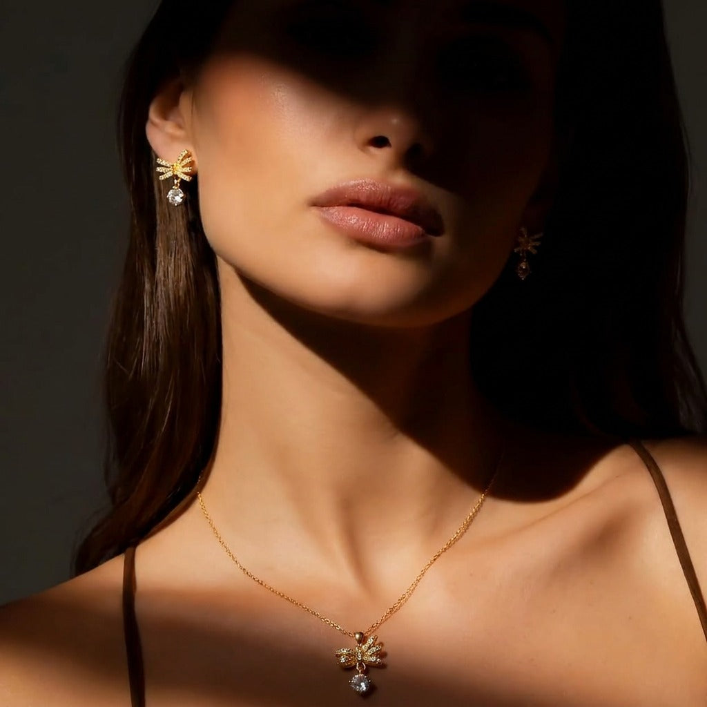 Let your style take flight with the Radiant Zephyr Set, a whimsical collection that captures the delicate beauty of a butterfly in motion. Inspired by classical bow motifs, this set blends feminine charm with a high-fashion, ethereal feeling, making it the perfect choice for those who love jewelry with a story.