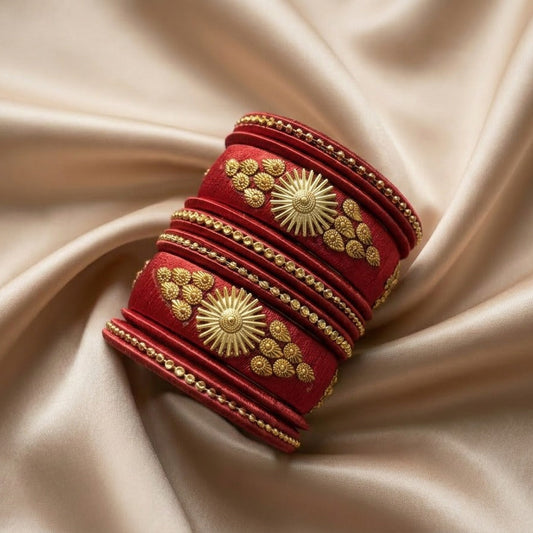Crafted with rich silk thread and adorned with intricate golden embellishments, the Reshmi Bangles bring a bold festive charm to your look. Each stack carries a unique handcrafted touch — making every piece slightly different, yet equally stunning.