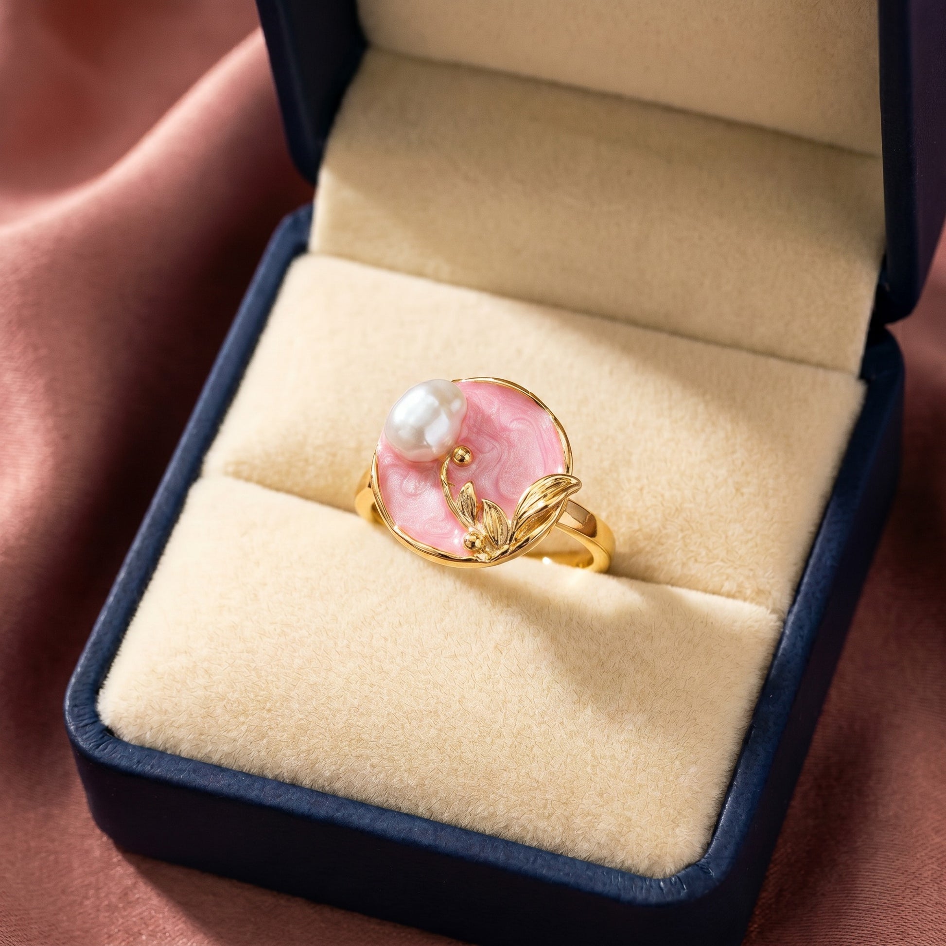 Like a delicate pearl resting within a blooming garden, this elegant ring captures a graceful blend of softness, nature, and feminine charm. Featuring a luminous pearl accent over a blush pink centerpiece with sculpted golden leaves, it creates a refined statement that feels romantic, artistic, and effortlessly luxurious.