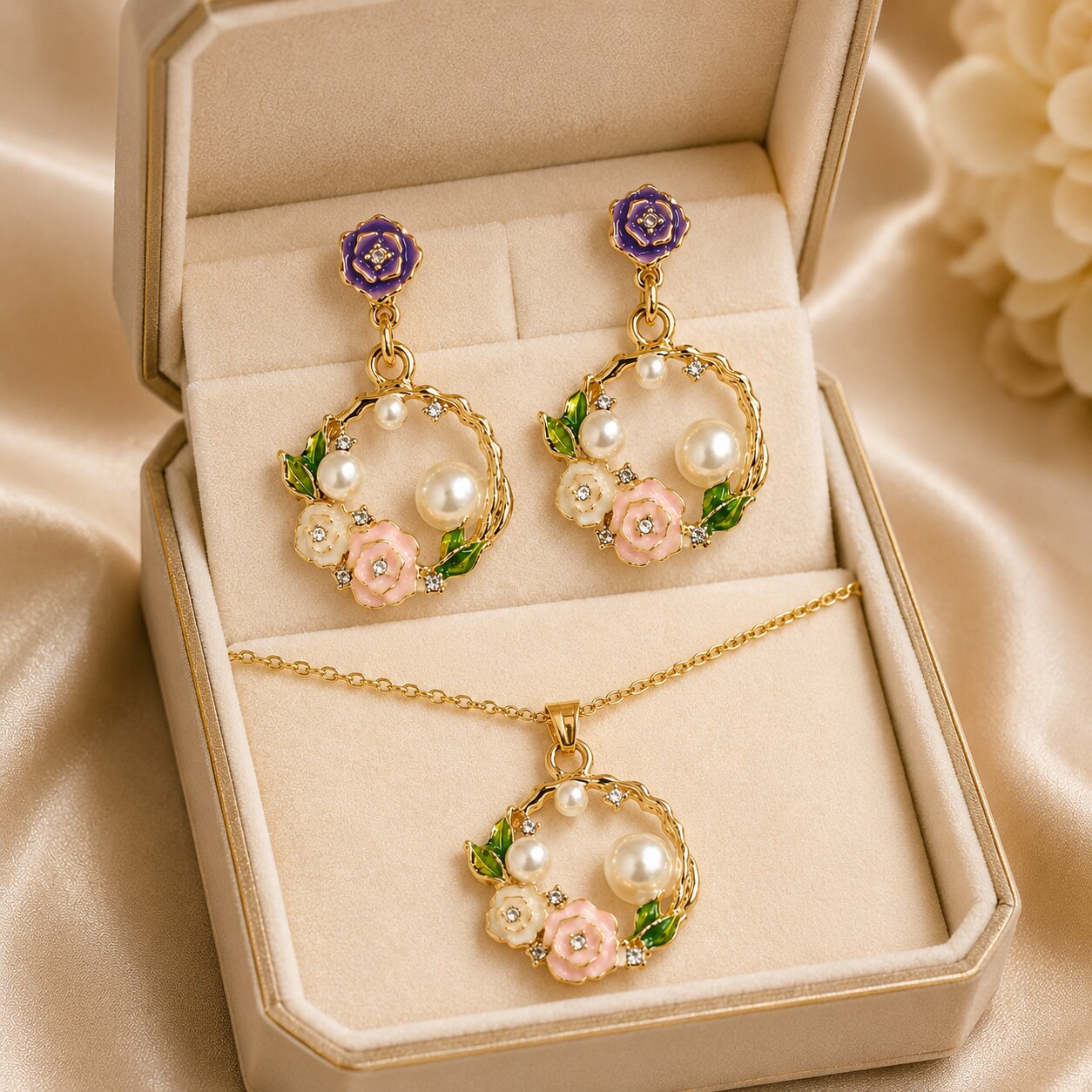 A graceful harmony of blooming roses, luminous pearls, and delicate leafy accents, the Roselle Meadow Set captures the beauty of a flower-filled garden bathed in golden sunlight. With its elegant wreath-inspired design and soft pastel florals, this enchanting set brings timeless femininity and romantic charm to every occasion.